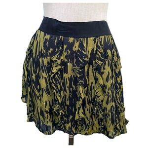 Nili Lotan‎ Skirt S Olive Green Black Silk Animal Print Ruffle A-Line Mini